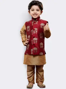 VASTRAMAY Boys Maroon & Gold-Toned Floral Regular Kurta with Pyjamas
