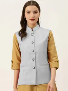 Vastraa Fusion Women Grey Woven-Design Nehru Jacket