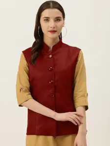 Vastraa Fusion Women Red Solid Jute Cotton Woven Nehru Jacket