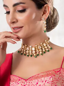 Rubans Gold Plated Silver Crystal Studded Green Beads Necklace Set