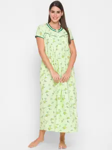 AV2 Green & Yellow Floral Printed Pure Cotton Maxi Nightdress