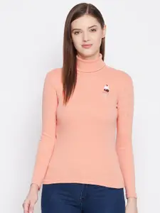 Hypernation Women Peach-Coloured High Neck Slim Fit T-shirt