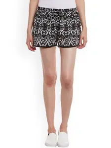 WISSTLER Women Black & White Printed Crepe Regular Fit Shorts