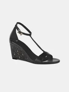 W Black Embellished PU Party Wedge Heels