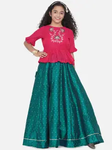 Bitiya by Bhama Girls Pink & Green Embroidered Ready to Wear Lehenga Choli