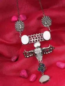 Adwitiya Collection Oxidised Silver-Plated Off-White Stone Studded Pendant With Chain