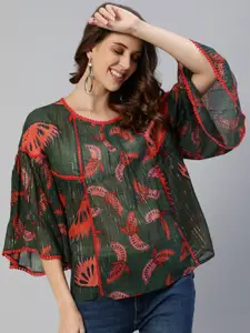 Ishin Green & Red Floral Pure Cotton Regular Top