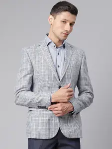 HARSAM Men Grey Checked Single-Breasted Slim-Fit Formal Blazer