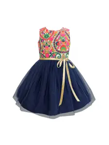 A.T.U.N. Girls Navy Blue Floral Net Fit and Flare Dress