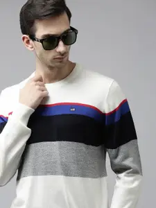 Arrow Men White & Blue Engineered Striped Round-Neck Pullover Sweater