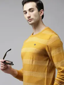 Arrow Men Mustard Yellow & White Striped Pullover Sweater