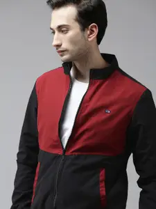 Arrow Men Maroon & Navy Blue Colourblocked Bomber Jacket