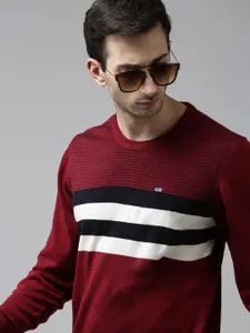 Arrow Men Maroon & White Striped Pullover Sweater