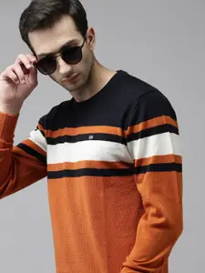 Arrow Men Rust Orange & Black Striped Pullover Sweater