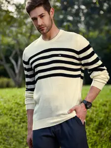 Arrow Men Off-White & Black Striped Pullover Sweater