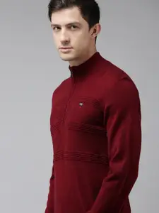 Arrow Men Red Self-Designed Cable Knit Structured Pullover Sweater