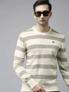 Arrow Men White & Black Striped Round-Neck Pullover Sweater