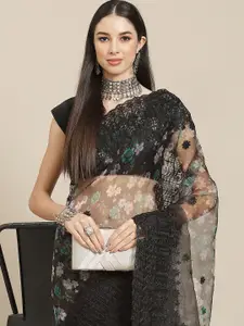 Anouk Black Floral Organza Saree