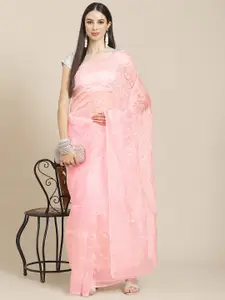 Anouk Pink & White Embellished Sequinned Organza Saree