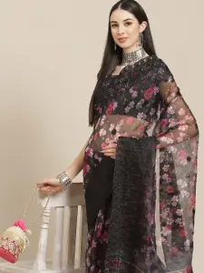 Anouk Black Floral Organza Saree