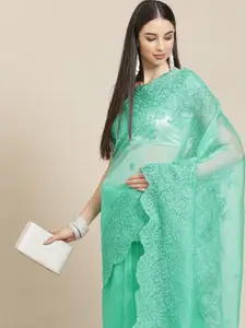 Anouk Turquoise Blue Floral Organza Saree