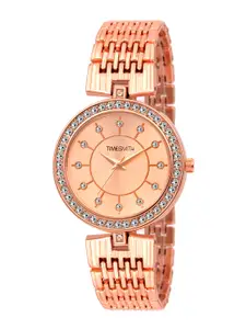 TIMESMITH Women Gold-Toned Embellished Dial & Gold Toned Stainless Steel Bracelet Style Straps Analogue Watch