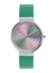 BERING Women Silver-Toned Patterned Dial & Green Stainless Steel Bracelet Style Straps Analogue Watch