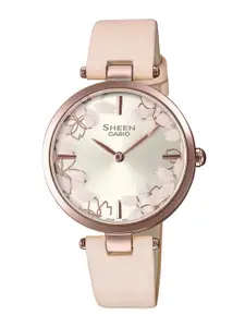 CASIO Women Pink Embellished Dial & Pink Leather Straps Analogue Watch