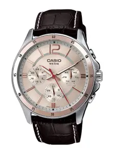 CASIO Men Rose Gold-Toned Skeleton Dial & Brown Leather Straps Analogue Watch A1887