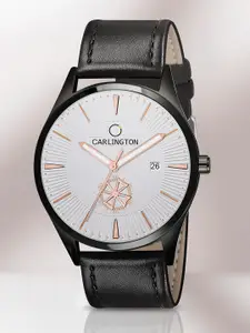 CARLINGTON Men White Alloy Dial & Black Leather Straps Analogue Watch