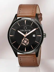 CARLINGTON Men Black Alloy Dial & Brown Straps Analogue Watch CT1020 Tan-Black