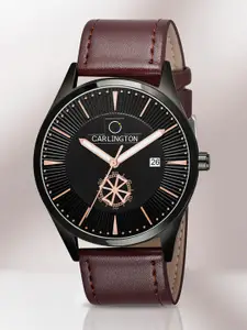 CARLINGTON Men Black Alloy Dial & Brown Leather Straps Analogue Watch