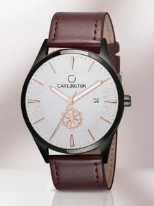 CARLINGTON Men Brown & Silver-Toned Alloy Dial & Leather Straps Analogue Watch