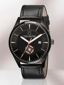 CARLINGTON Men Black Alloy Dial & Black Leather Straps Analogue Watch CT1020 Black