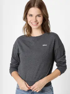 ONLY Women Grey Solid Crop Sweatshirt