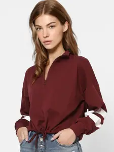 ONLY Women Maroon Colourblocked Tie-Up Sweatshirt