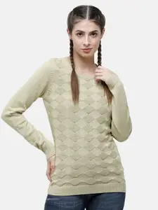 98 Degree North Women Green Self Design Pure Cotton Pullover