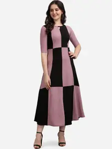 PURVAJA Lavender & Black Colourblocked Keyhole Neck Midi Dress