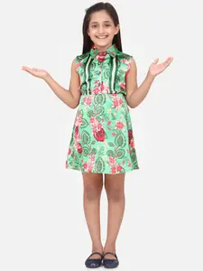 StyleStone Girls Green & Pink Tropical Printed Satin Shirt Dress