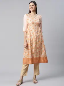 AURELIA Women Peach-Coloured & Orange Ethnic Motifs Printed Kurta