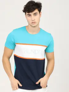 HIGHLANDER Men Navy Blue & White Colourblocked Slim Fit T-shirt