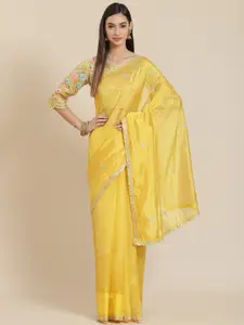Readiprint Fashions Yellow Floral Zari Work Organza Tussar Saree