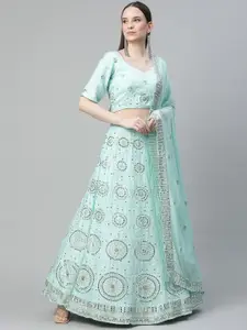 Readiprint Fashions Turquoise Blue Embroidered Sequinned Semi-Stitched Lehenga & Unstitched Blouse With