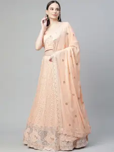 Readiprint Fashions Peach-Coloured Embroidered Sequinned Semi-Stitched Lehenga & Unstitched Blouse With