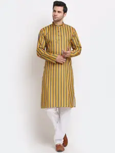 KRAFT INDIA Men Mustard Yellow & Blue Striped Pure Cotton Straight Kurta