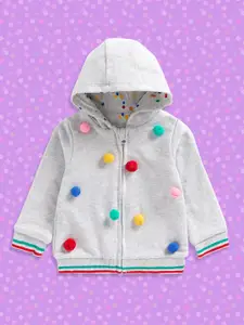mothercare Girls Grey Embellished Pom Pom Detailed Pure Cotton Hooded Sweatshirt