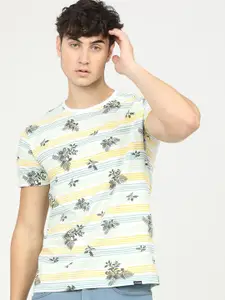 HIGHLANDER Men White & Yellow Floral Printed Tropical Slim Fit Cotton T-shirt