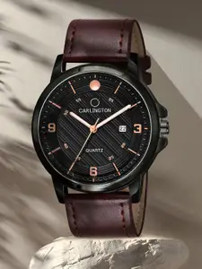 CARLINGTON Men Black Alloy Dial & Brown Strap Analogue Watch CT1050 Brown-Black