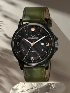CARLINGTON Men Black Alloy Dial & Green Leather Straps Analogue Watch CT1050 Green-Black