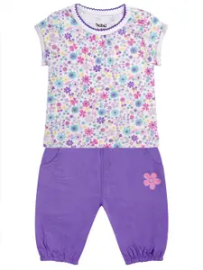 milou Girls White & Purple Printed Top with Pyjamas